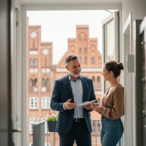 Zwei Geschäftsleute im Gespräch im Außenbereich (Stadt)